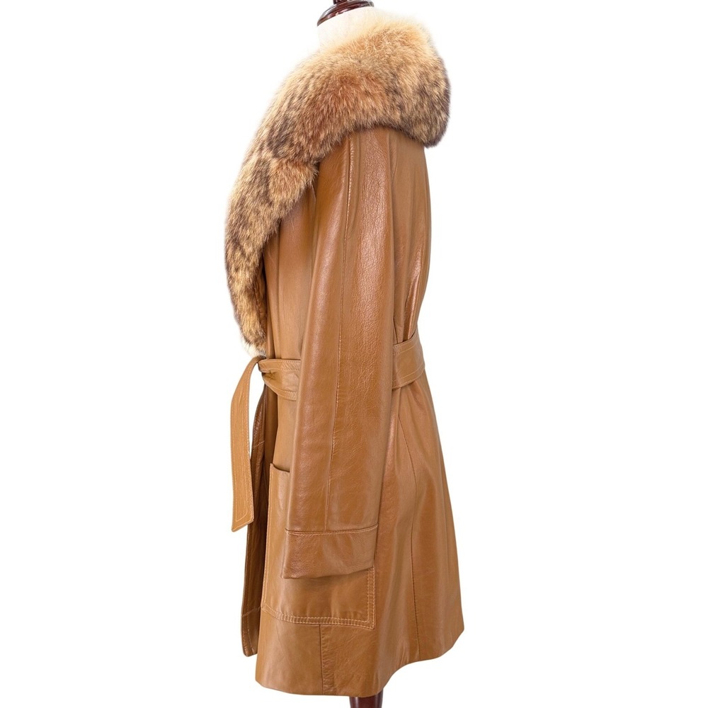 Joseph Magnin Vintage 70s Leather Trench Fox Fur Collar Belted Size 10 - Picture 4 of 8